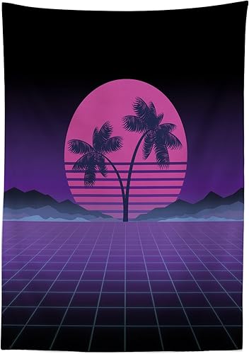 Miniatura 5 de Ambesonne Synthwave Tablecloth, Retro Artwork Design of Striped Pinkish Moon Exotic Palms and Mountains, Rectangular Table Cover for Dining Room