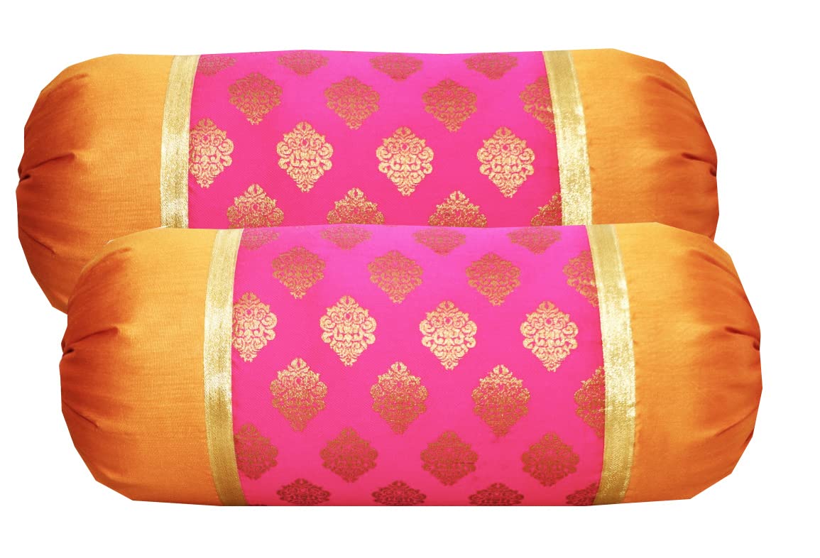 PINK PARROT Jacquard Silk 16X30 Inch Bolster Covers - Set Of 2-Code904, 200 TCMulticolour