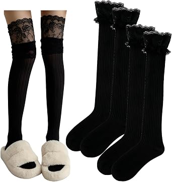 Women Thigh High Socks Extra Long Over Knee Stockings with Lace Trim
