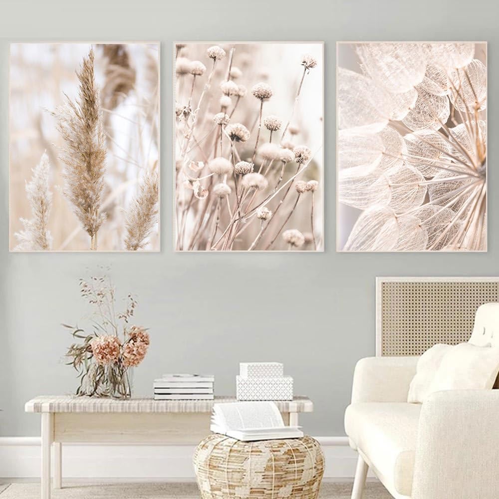 WBYZAC Botanical Posters-Dandelion Wall Art Poster Palm Leaf Wall Pictures Beige Scenery Art Painting Reed Art Print Nordic Posters Living Kitchen Room Decor-60 * 70cm*3PCS (No Frame)