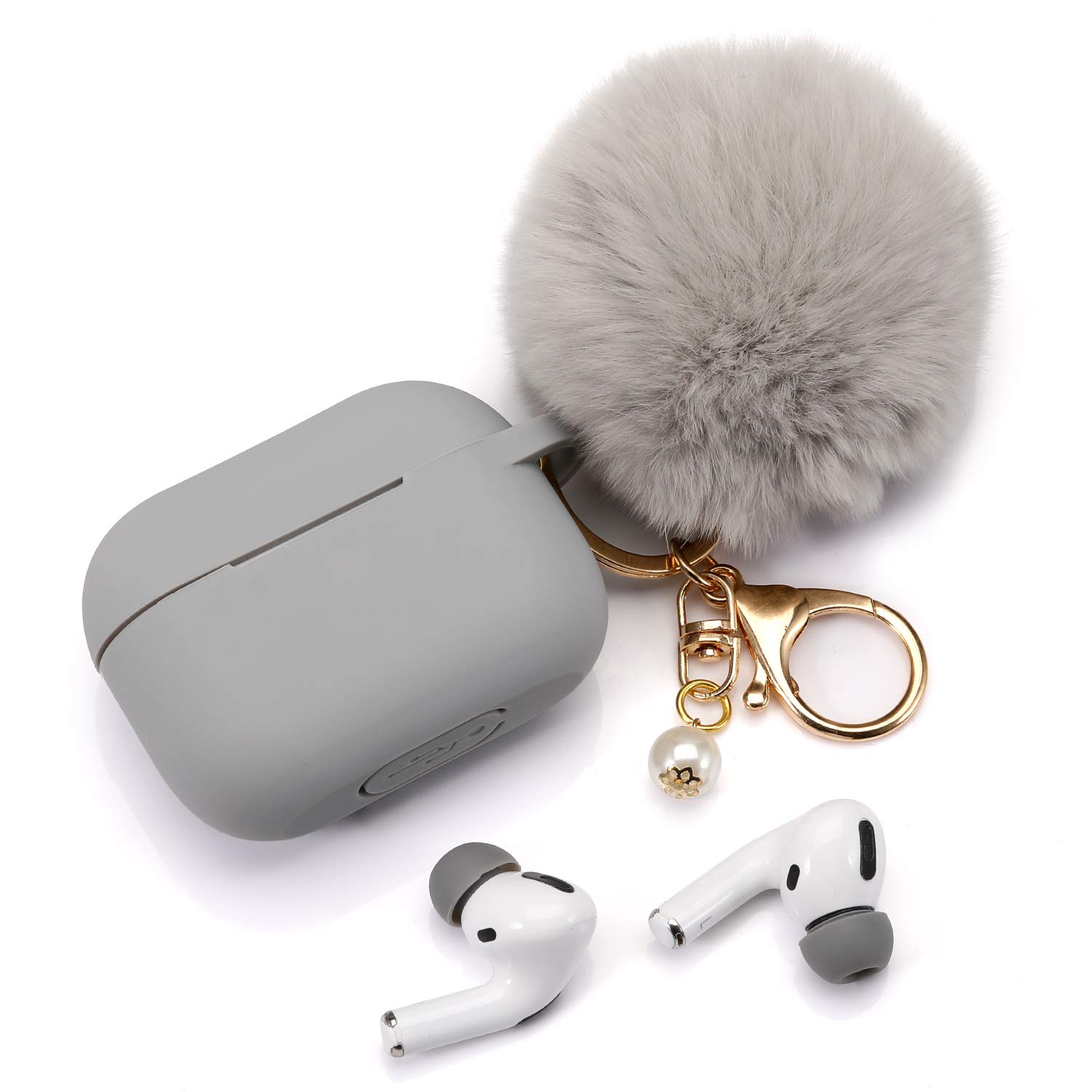 Protective Case Cover for Airpods Pro Charging Case with Ear Tips 1 Pair Kit, Air Pods Silicone Case with Soft Cute Ball Pom Pom Keychain Kit Together with Ear Buds Tips 2&1 (X, Grey)