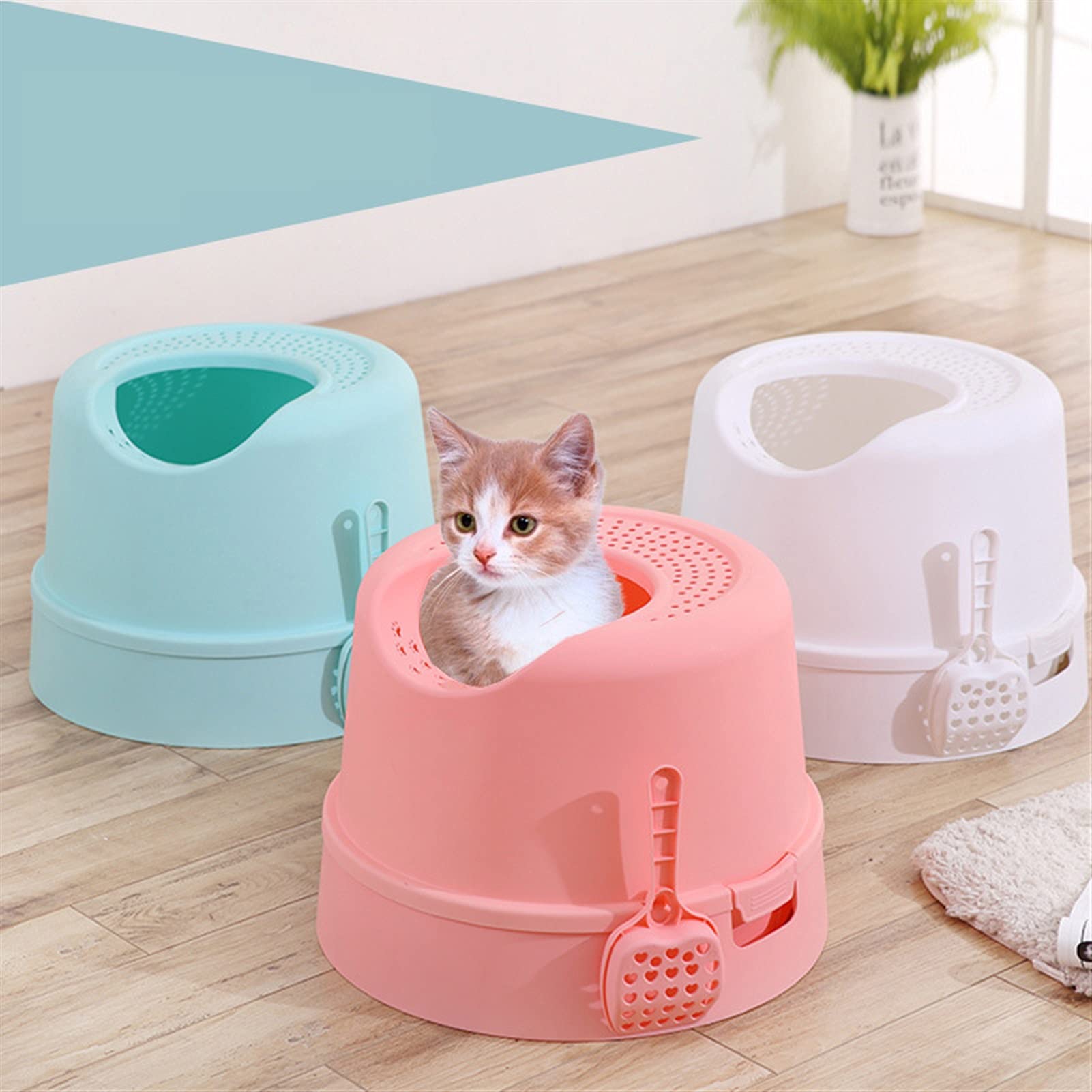 Cajas de Arena Caja de arena de gato de entrada superior con arena de gato Scoop Splash a prueba de salpicaduras de gato multifuncional Base redonda de bandeja desmontable Material PP Arenero ​Gatos