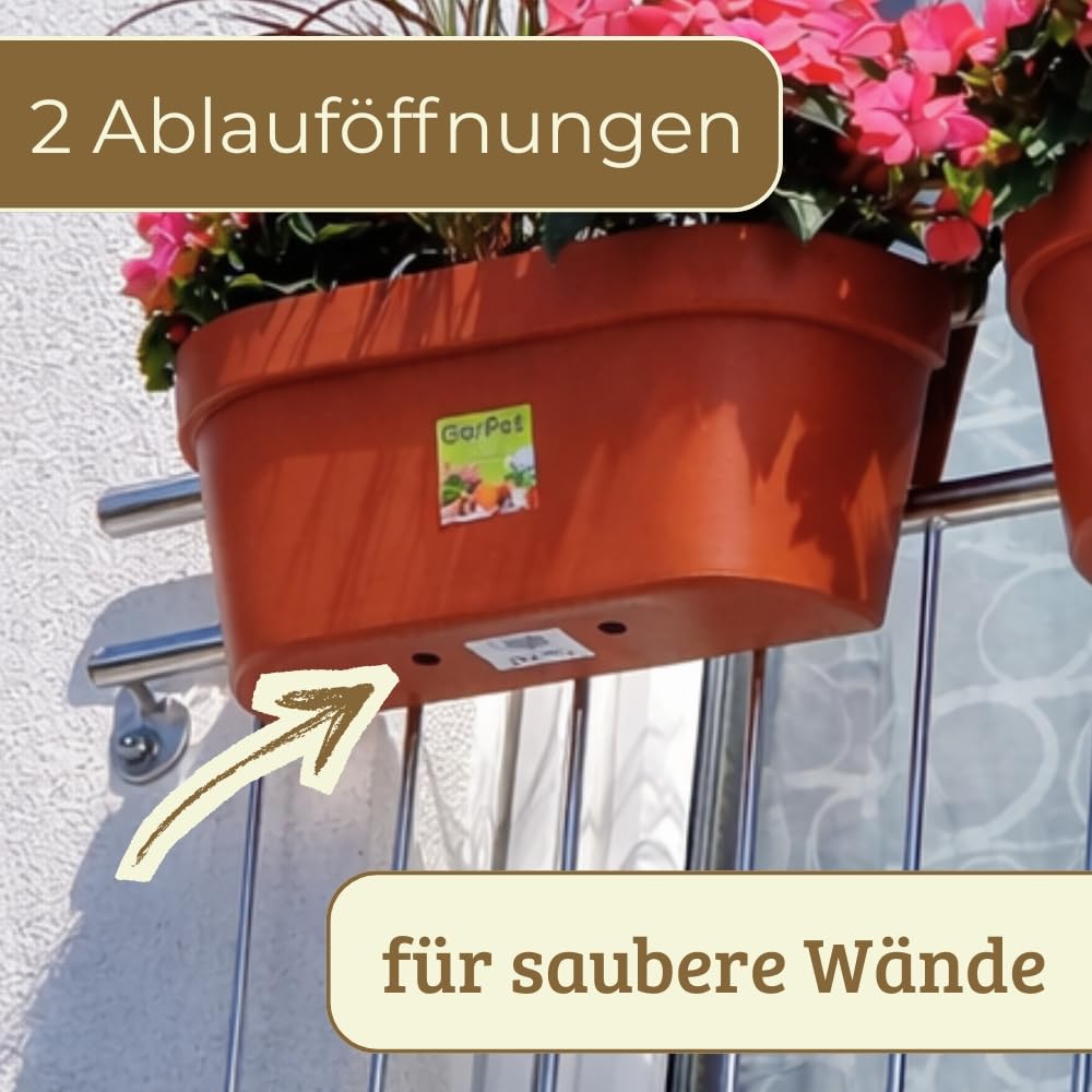 GarPet 4er Set Geländerkasten Balkon mit Wasserspeicher Blumentopf Zaun Blumenkasten Geländer Balkontopf Balkonkasten Geländerkasten Blumenkasten Balkon Terracotta 50 cm