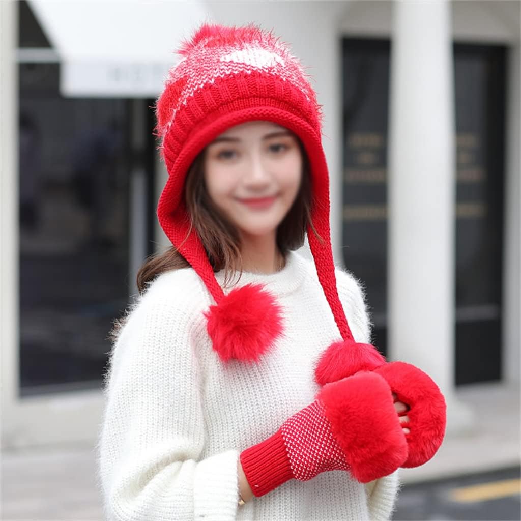 帽子 女性の冬の手袋ツーピースの韓国のニット帽暖かい耳の保護かわいいダブルボールウールハット (Color : B, Size :