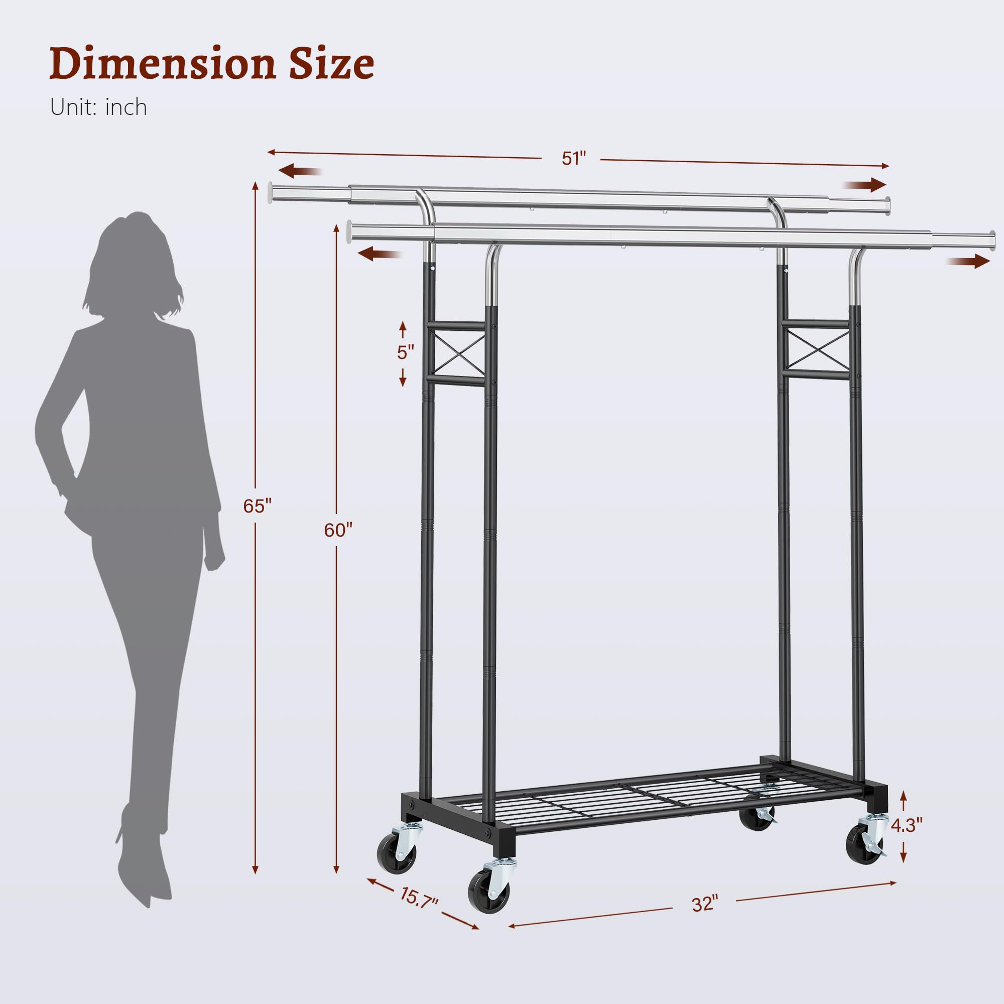 FAVOOSTY Burro ropa con ruedas y 2 niveles, Perchero móvil y estable, Ajustable perchero metálico, Con capacidad de carga de hasta 90 kg, Negro