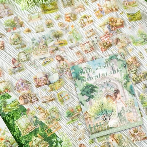 Image of Jaravik Seasons Theme Vintage Aesthetic Sticker Book - 20 Sheets Seasonal Scrapbook Stickers | | Cottagecore Planner & DIY Craft Supplies Scrapbooking Stickers (Spring)