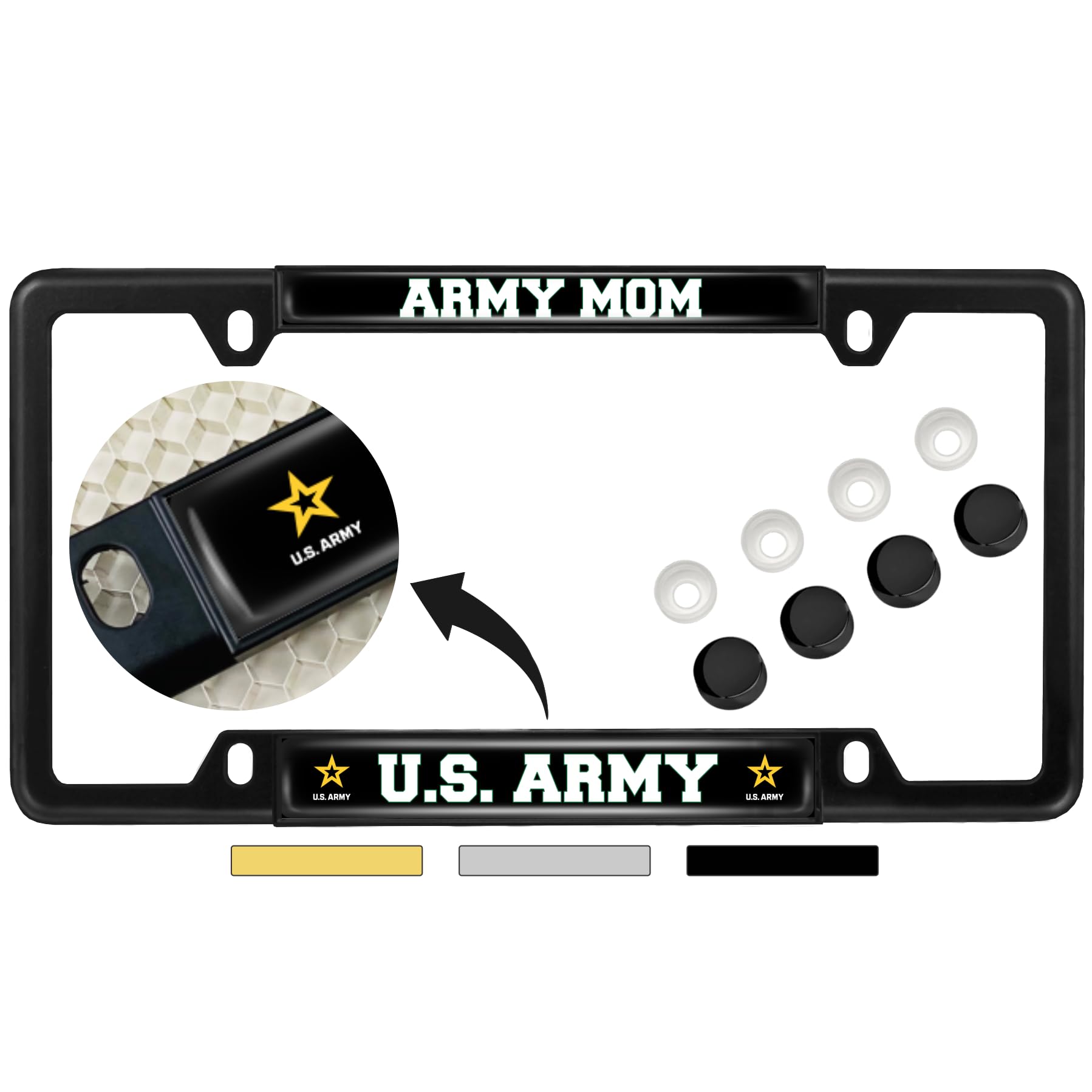 [Officially Licensed Product] - U.S. Army Mom with Star Logo - Domed Custom-Made Personalized Narrow (Thin) Top 4 Hole Metal Car License Plate Frame with Free caps - Black (Qty: 1 Frame)