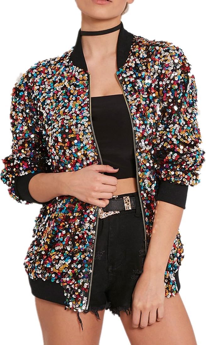 Blouson aviateur à paillettes colorées pour femme – Blazer à paillettes brillantes à paillettes avec fermeture éclair à l'avant – Manteau tendance pour concert, fête, Noël, danse, multicolore