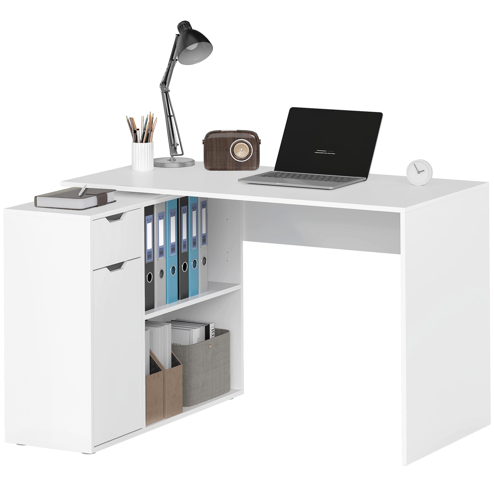 HOMCOM Eckschreibtisch Computertisch mit Schublade 120 x 96 x 75 cm Weiß | L-Form Winkelschreibtisch, 1 Tür, Offene Ablagen, für Dokumente im A4-Format, Hergestellt in der EU