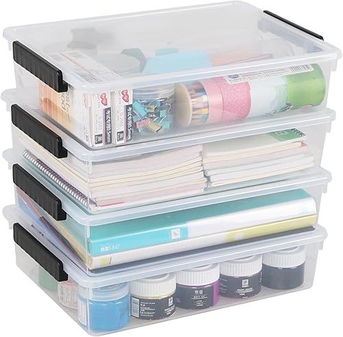 Paquete de 4 contenedores planos de plástico con tapas, caja de almacenamiento transparente apilable de 6 cuartos de galón