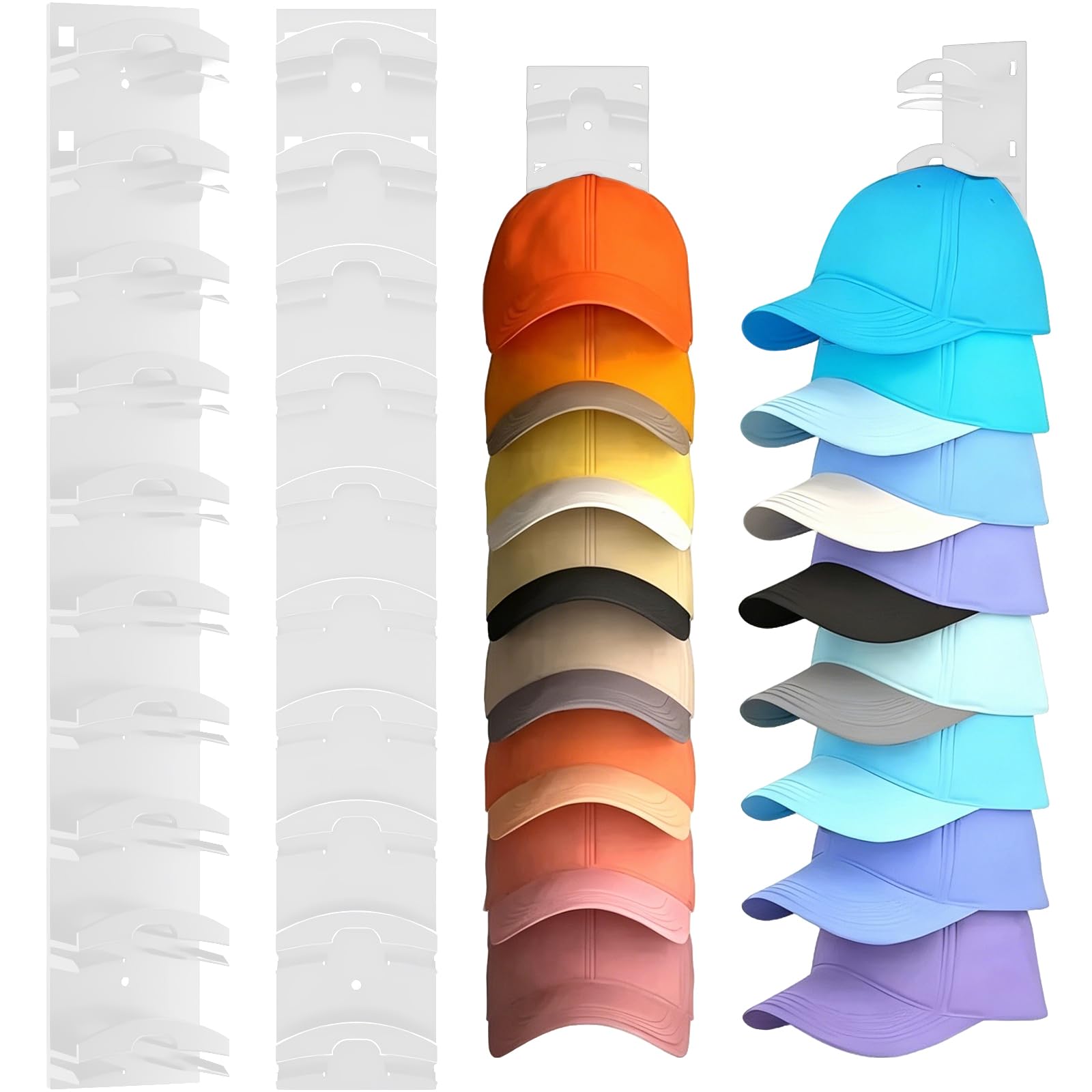 ASQzhuLIWing 2pcs Pack Hat Organizer for Baseball Caps Hat Rack for Wall Hold Up 20 Hats Strong Adhesive Screw Two Mounting Options for Closet Door Bedroom HatHooks for Caps Storage (White)