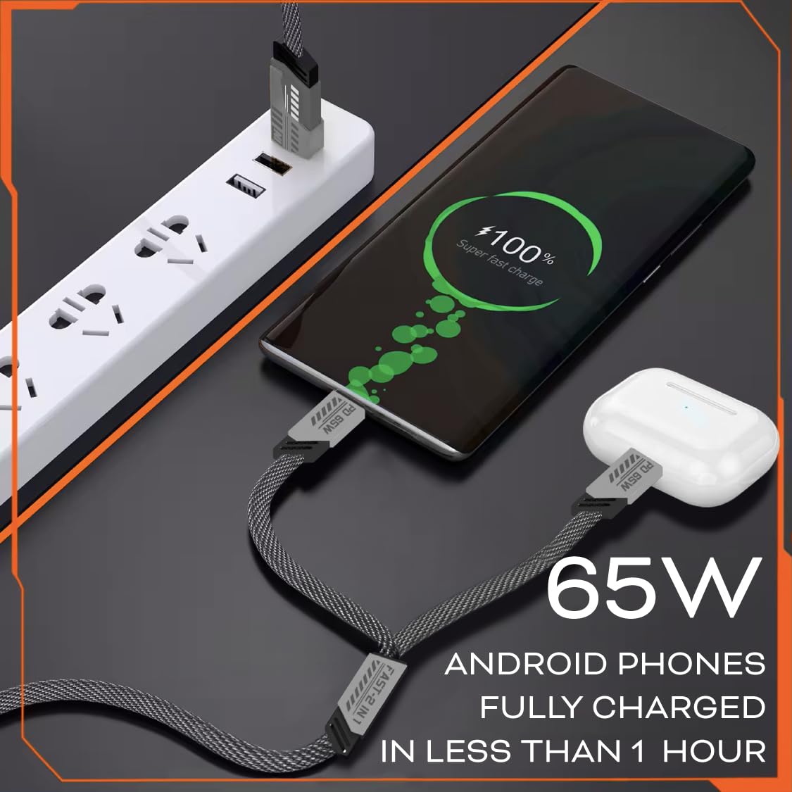 Ankus Uniwersalny kabel do ładowania 4 w 1, USB-C i Lightning, szybkie ładowanie 65 W, 1,2 m z zapięciem na rzep, kompatybilny z iPhone'em, Samsungiem i innymi, szary