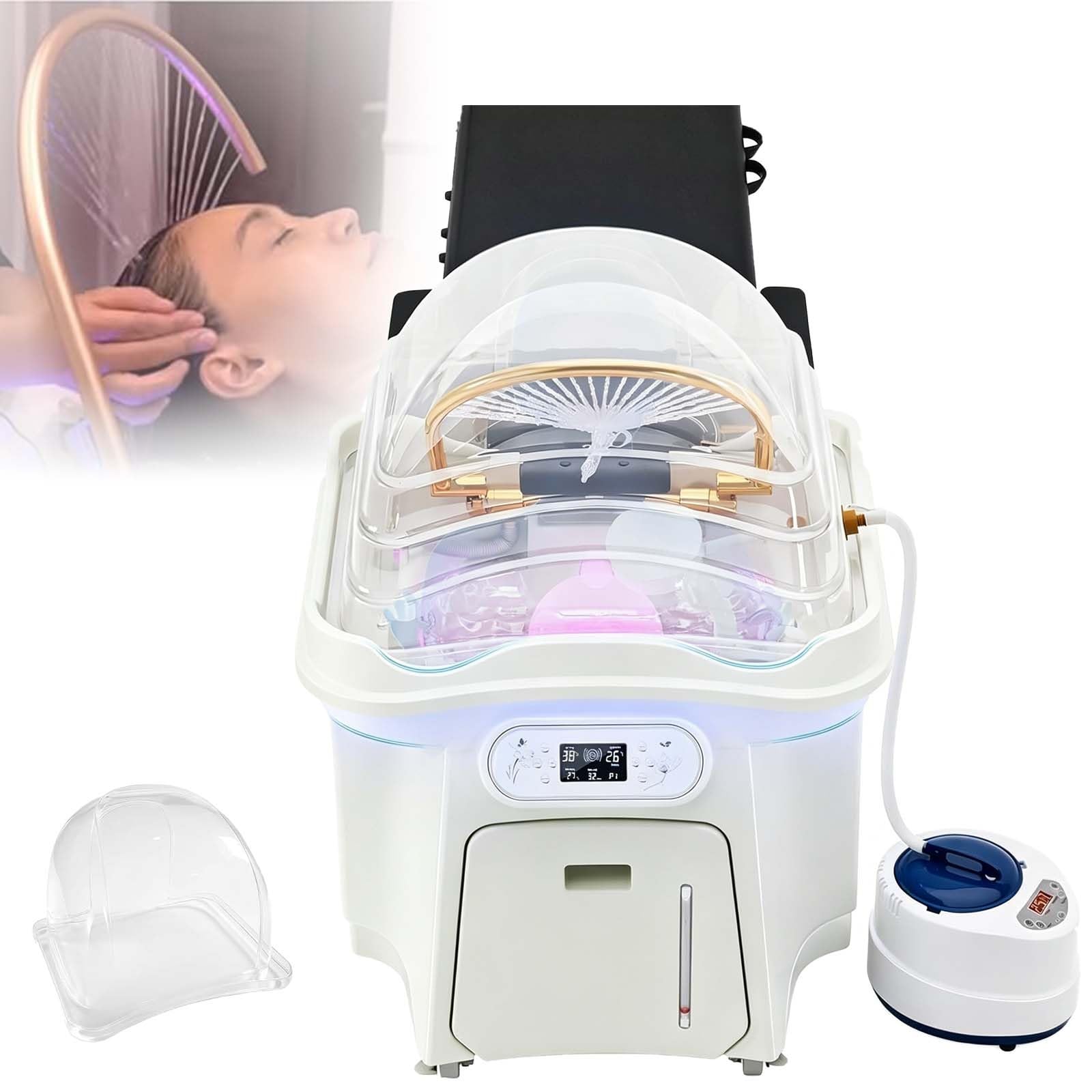 Portable Shampoo BasinJapanese Head Spa Equipment—60l/15.9gal Tank Basin, Thermostatic Water Circulation 30–60°C/86–140°F With Led Light & Steam For Salon Home Use, Rinse/Pulse/Comfort(White)