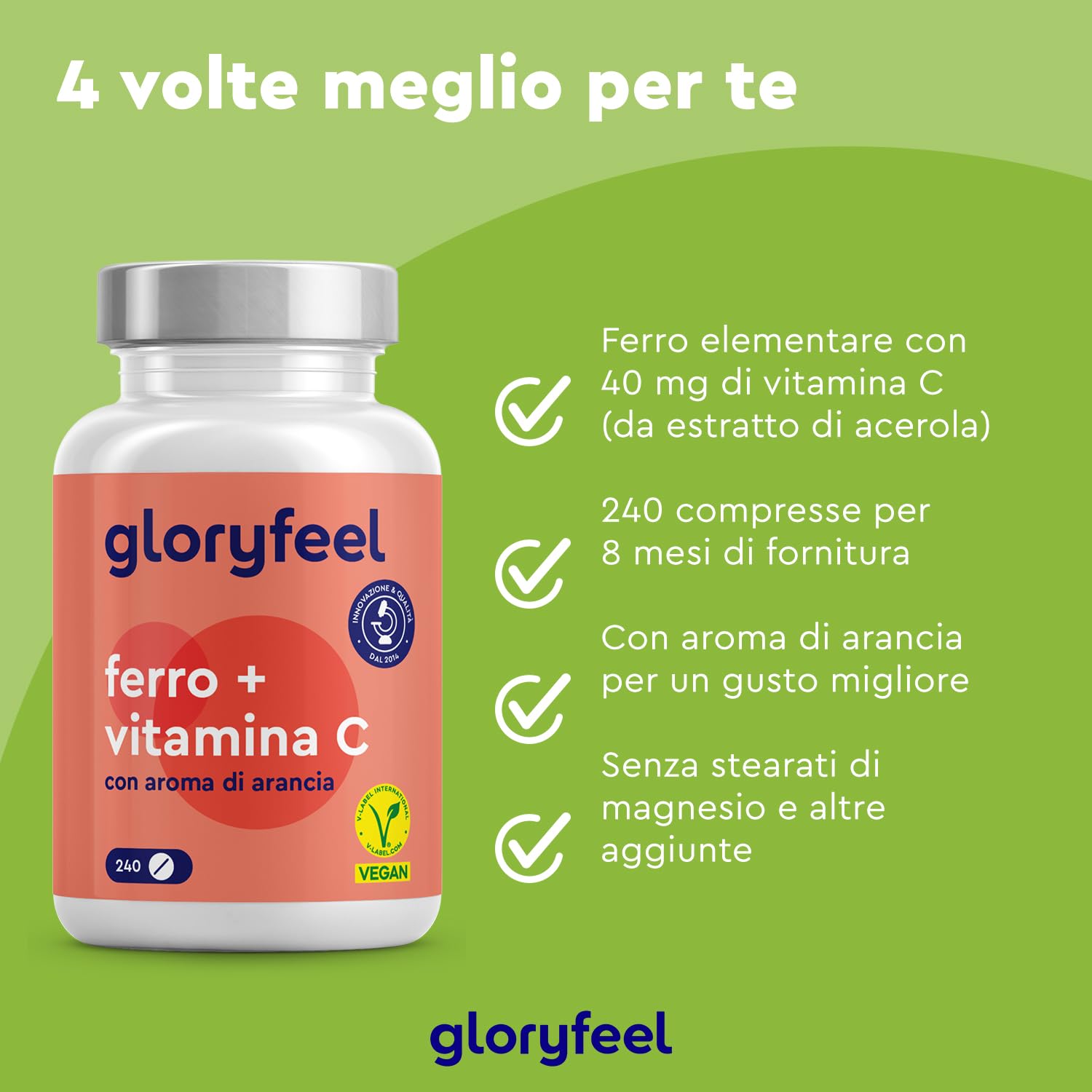 Ferro Integratore 20mg + Vitamina C, 240 Compresse, Eletto PRODOTTO DELL'ANNO 2025, Ferro Integratore per Anemia, Mestruazioni e Stanchezza Fisica, Alta Biodisponibilità, Ricostituente Sangue, Vegan