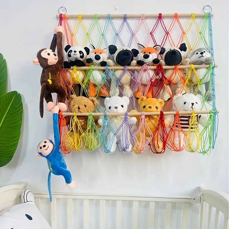 Image of Polycotton Waterlily House - Mesh Hammock Organizer, Bohemian Toy Storage Net, Rainbow Stuffed Animal Hammock Macrame Boho Plush Net (Two-Colour Layer), Multicolor