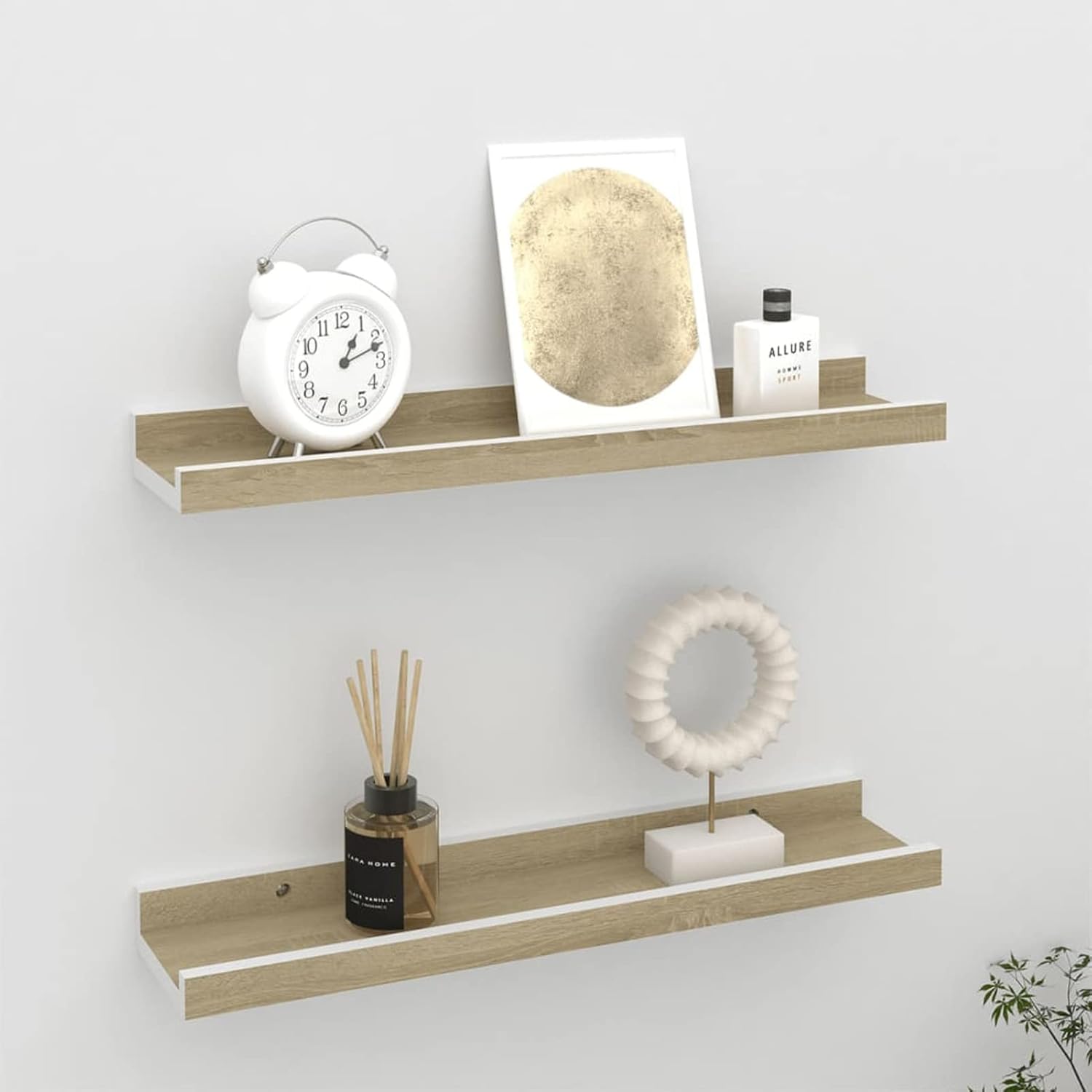 Homgoday Wall Shelves Set of 2 White and Oak Sonoma 40 x 9 x 3 cm, Wooden Floating Shelves Invisible Fixing, Decorative Storage Shelves, Ideal for Living Room, Bedroom