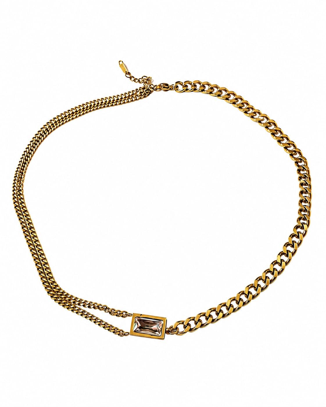 Premium Gold-Tone Artificial Chain Necklace for Women | Dual Cuban Link Chain with Rectangular Crystal Pendant | Trendy-image-24