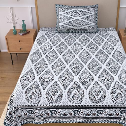 Image of 100% Cotton Single Bedsheet with 1 Pillow Cover | 240 TC Pure Cotton Flat Bed Sheet | Traditional Jaipuri Printed Bedding Set | Soft & Breathable | 60 x 90 Inch (Rangmahal Single 31)