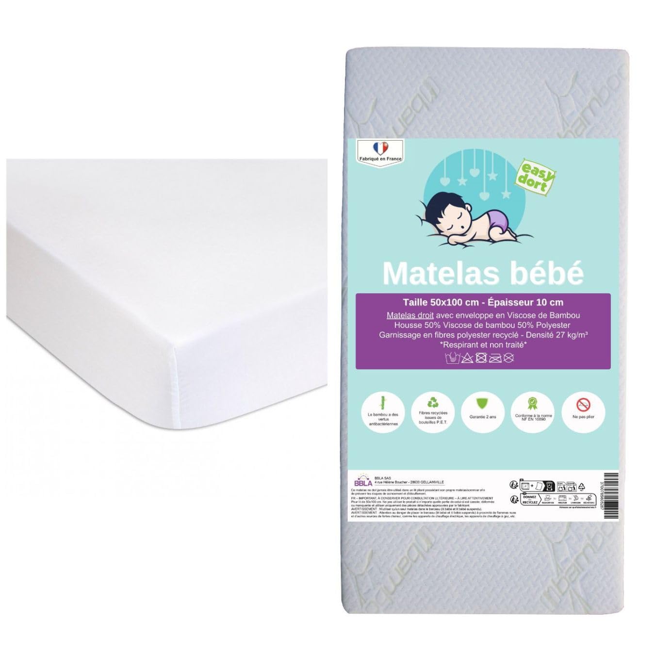 Kit pratico per neonato, materasso da 50x100 cm, 100% bambù, culla culla culla per neonato, 2 traverse, 100% cotone, colore: bianco, kit completo letto per la camera dei bambini, certificato