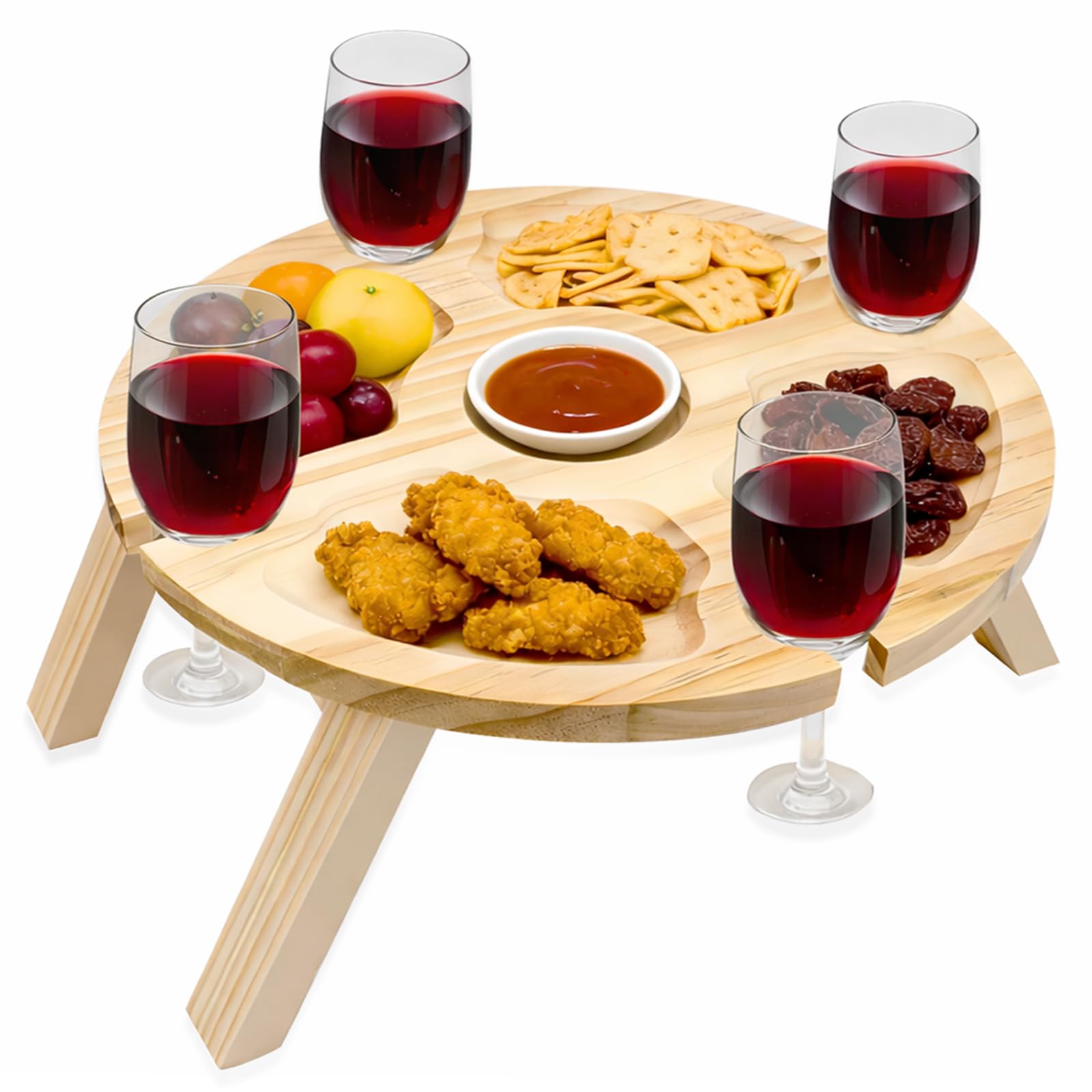 Sythrix Portable Foldable Wooden Picnic Table with Wine Glass Holder & Cheese Board, Lightweight Outdoor Snack Table for Beach, Camping, Garden and Picnics