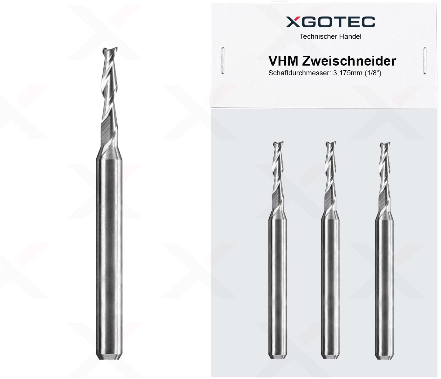 VHM Schaftfräser Einschneider Z1 – 2,0 Mm, Schaft 3,175 Mm, Flacher Stirnanschliff, XGOTEC