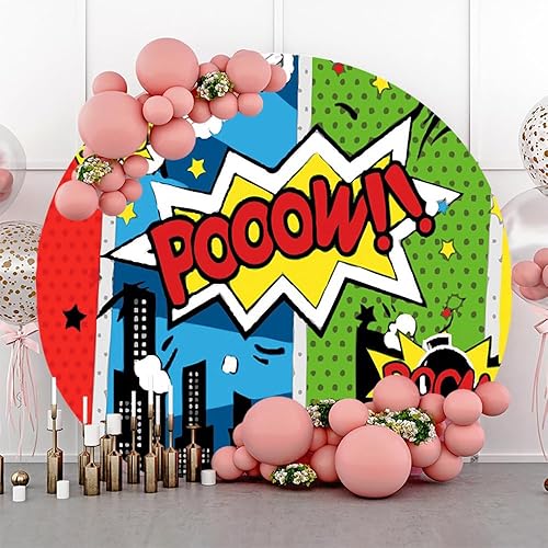 Miniatura 2 de Renaiss Telón de fondo redondo de superhéroe de 7 x 7 pies para sesión de fotos, retrato de niño y niña, paisaje urbano, rascacielos, círculo de