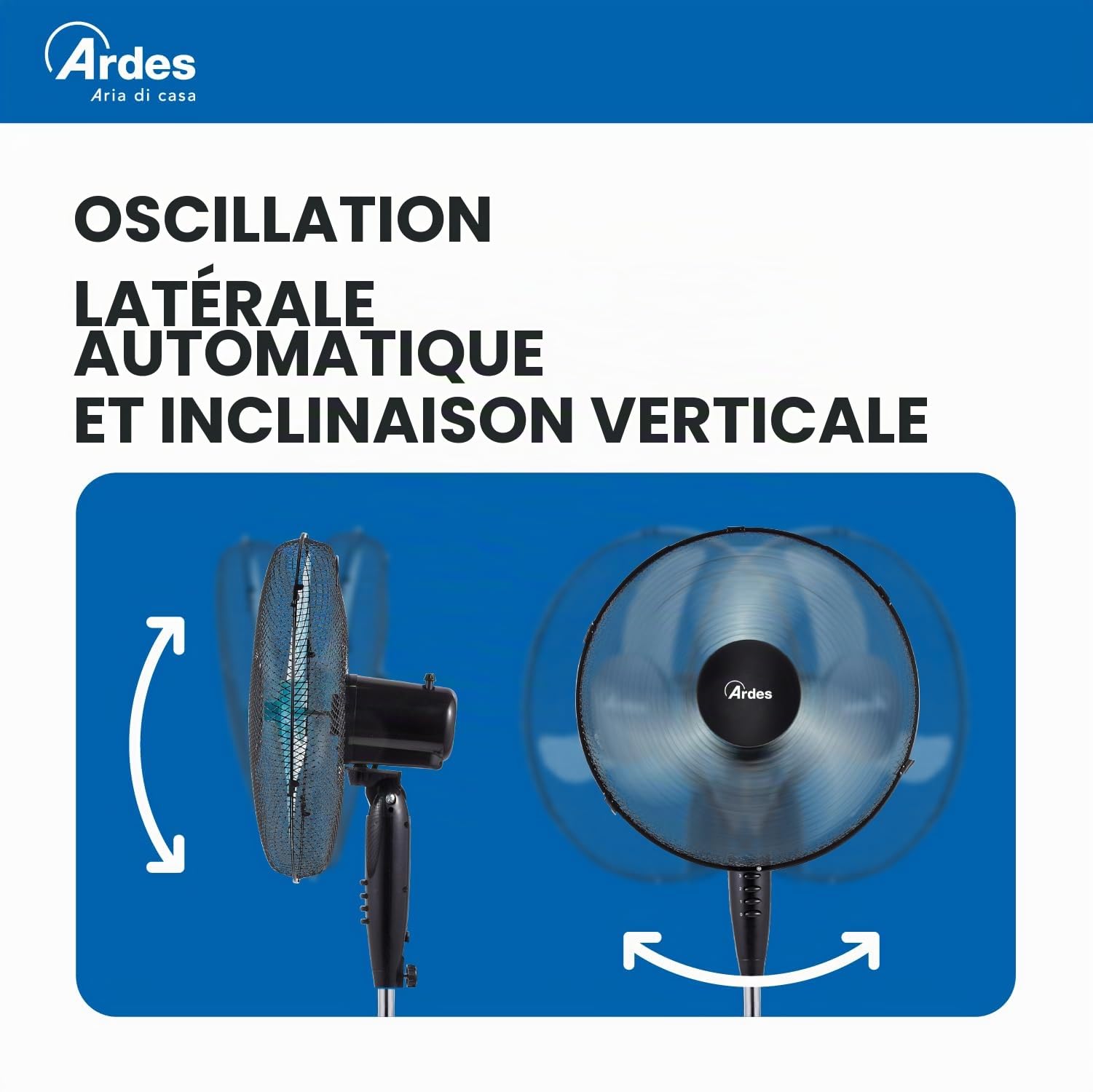 ARDES - AR5AM40P Ventilateur sur pied Puissant et silencieux, 3 pales de 40 cm, oscillant, réglable en hauteur et en inclinaison Ventilateur sur pied Ardes 3 Vitesses Penny