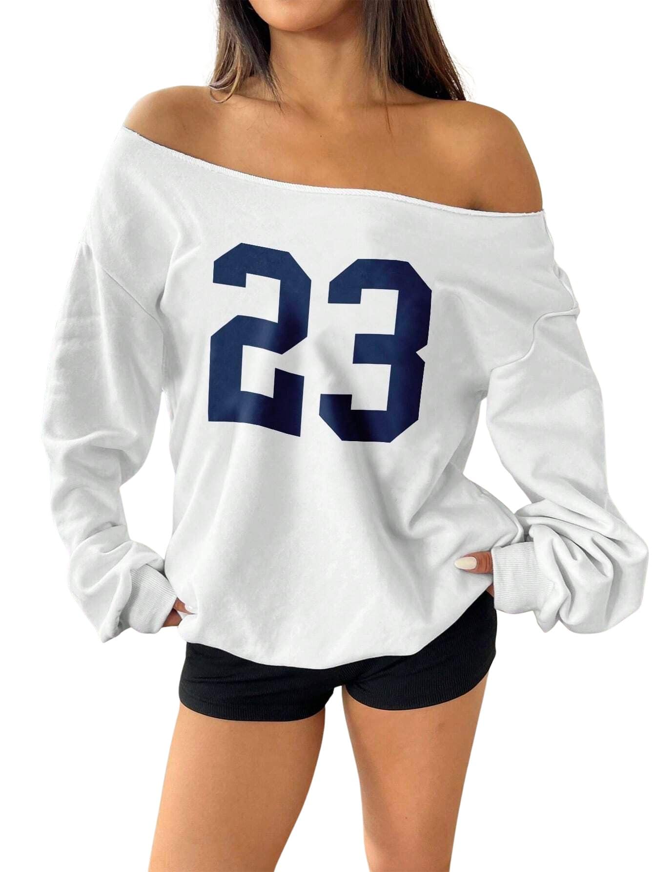 sxv style 23 Women's Casual Oversized Y2K 23 Graphic Slanted Shoulder Sweatshirt-picture-22