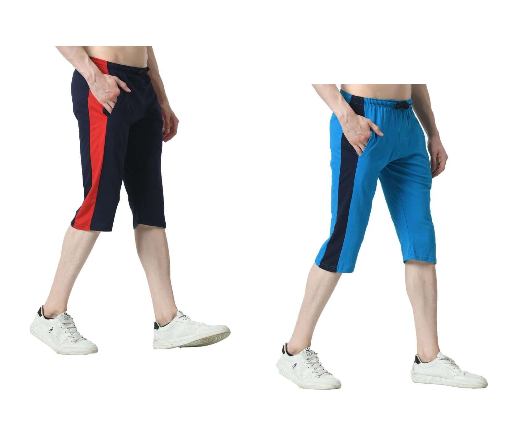 Pack of 2 Men’s Cotton Capri Pants with Side Stripe (Patta), Elastic Waist with Drawstring (Nada), Pockets, Comfortable Casual Knee Length Shorts Navy Blue, Firoza-image-39