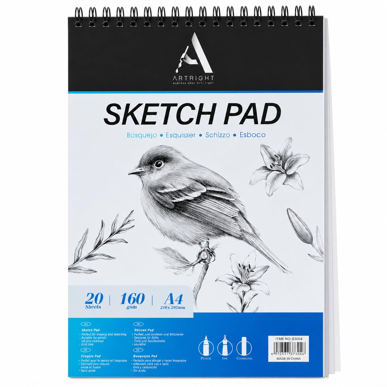 ArtRight A4 Portrait Sketch Pad - 20 Sheets, 160 GSM, Spiral Bound Sketch Book for Pen, Pencil, Ink, Mandala and Charcoal Media (Acid-Free Sheets)