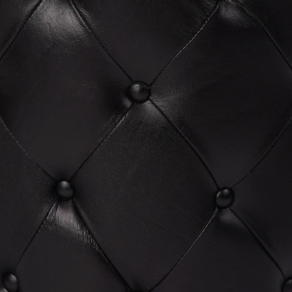 Rugsotic Carpets Round Shaped Wood & Leather Handmade Eco-Friendly Black Ottoman - Round Shape Ottoman, 22.5"x22.5"x21", Plain Solid Ottoman, Wood & Leather Ottoman, Leather Seating Ottoman AH07