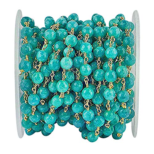 One Foot Turquoise Green Jade, 8mm 24K Gold Plated Wire Wrapped Rosary Chain (Gptg-30013)