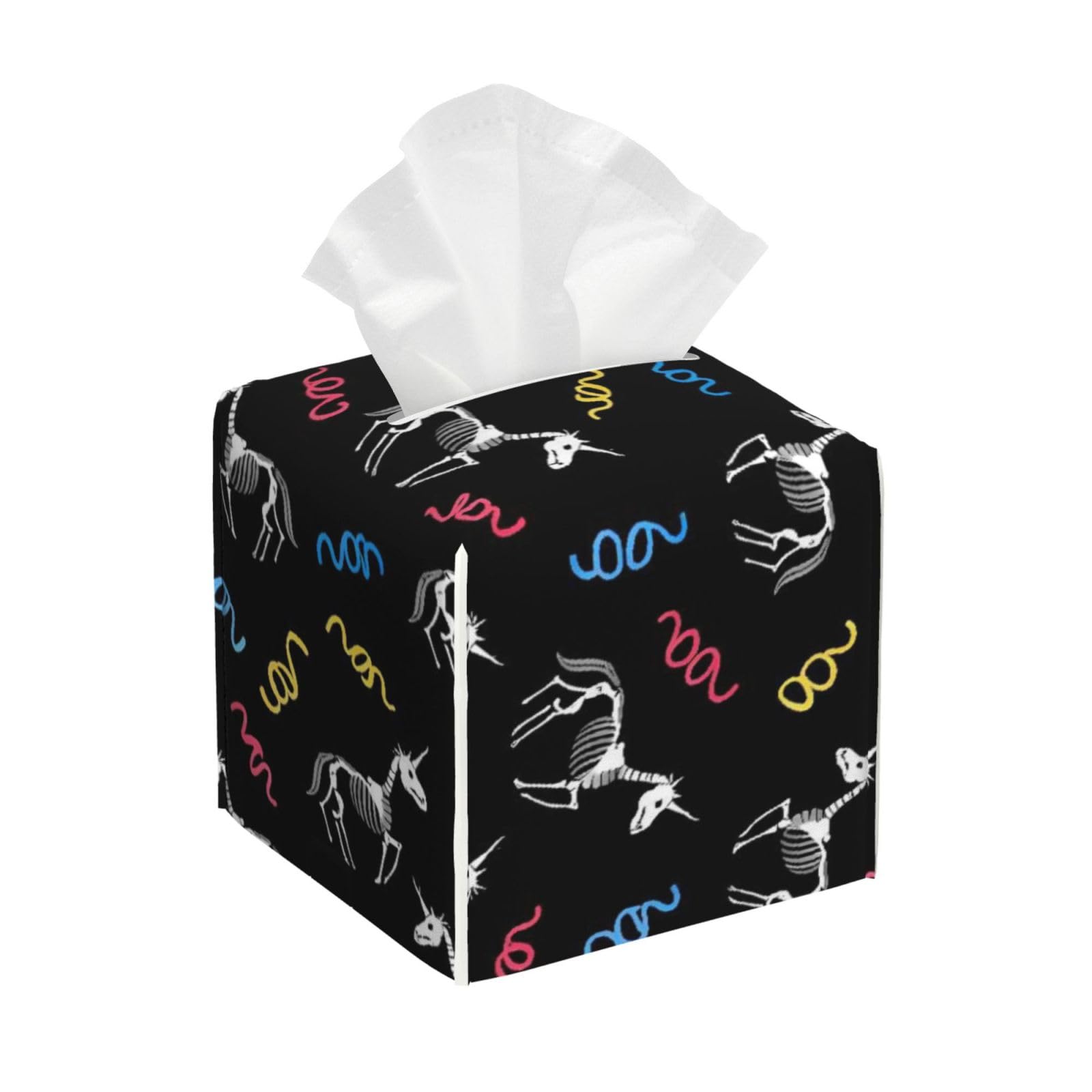 Happy Halloween Unicorn Skull Skeletons Leather Tissue Box Cover Holder Square Facial Paper Organizer 5.2" X 5.2" X 5.2"