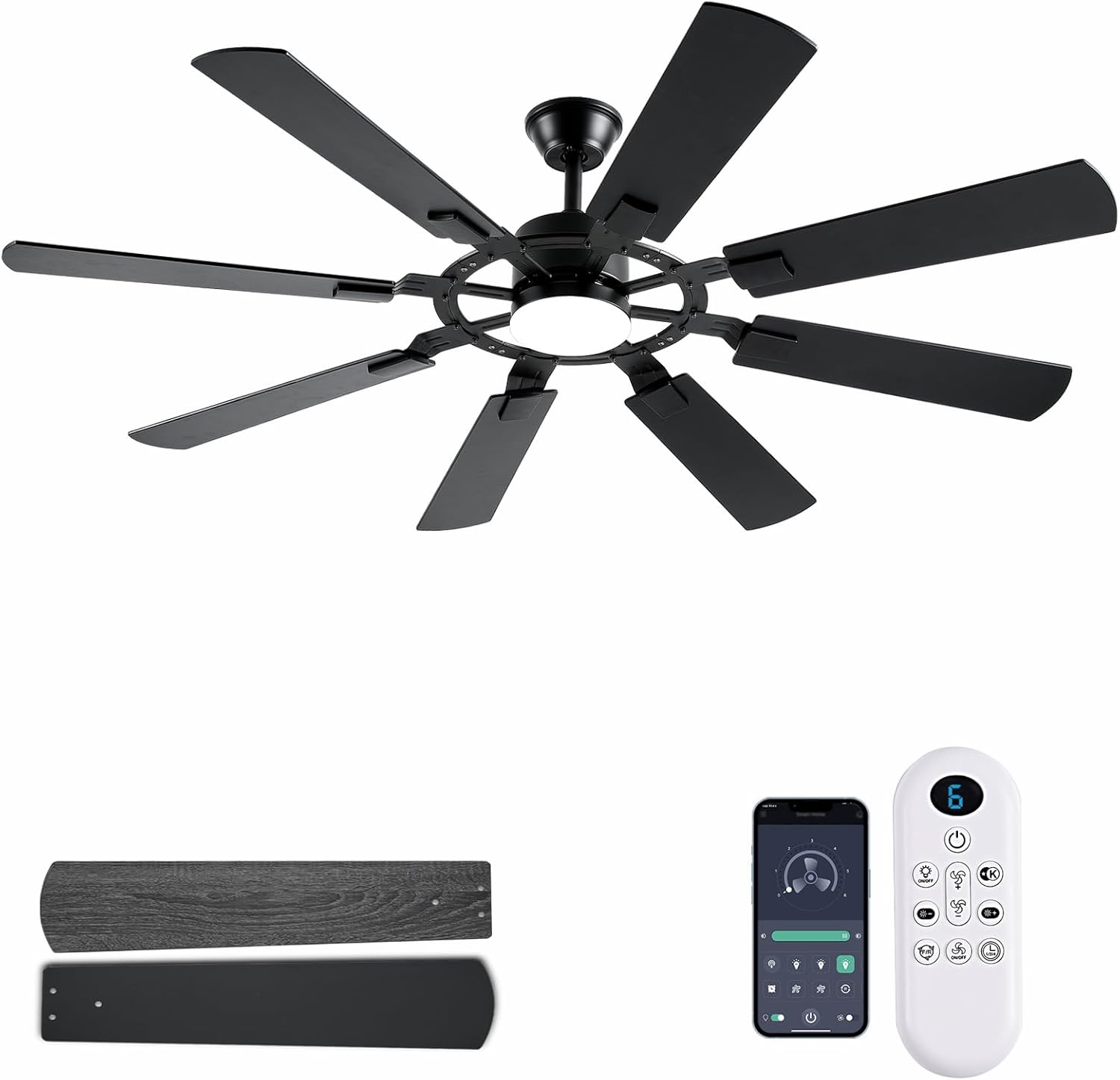 62 Inch Ceiling Fans with Lights, Large Low Profile Ceiling Fan with Remote Control, 8 Double Sided Blades, 6 Speed Reversible DC Motor, Silent Timing, Black Indoor Outdoor Ceiling Fan