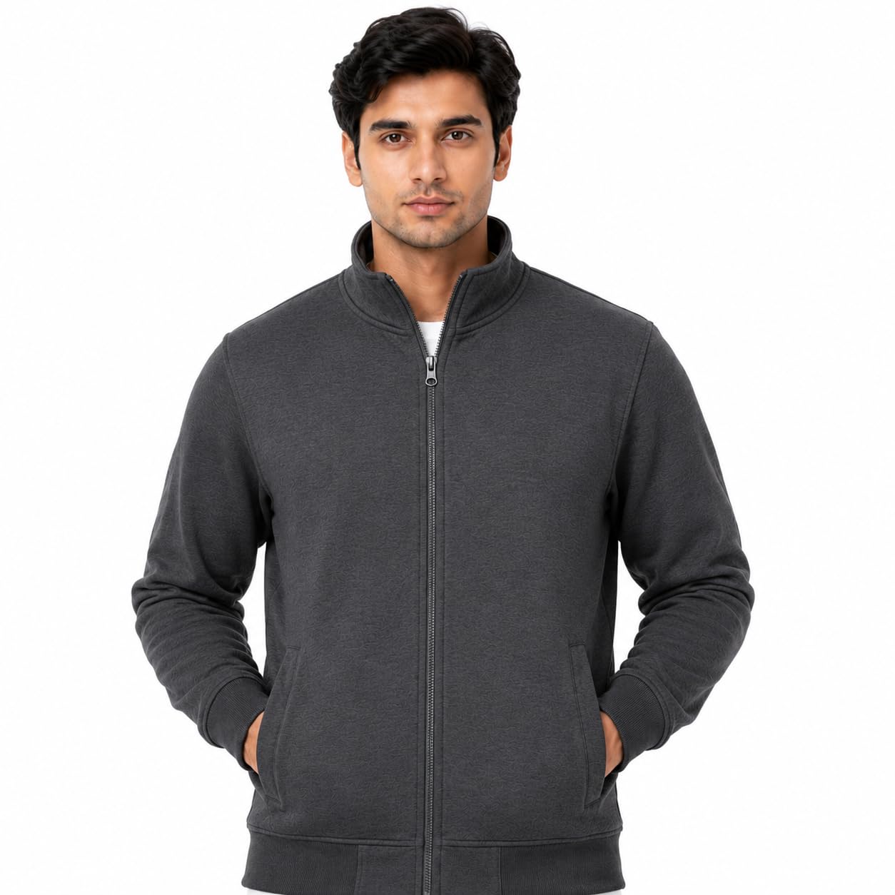 Men's Full Zip Sweatshirt Jacket Dark Grey with Pockets,Mock Neck Collar, Side Pockets, Thermal Warm Lining, Casual & Office Wear, Long Sleeves-picture-39
