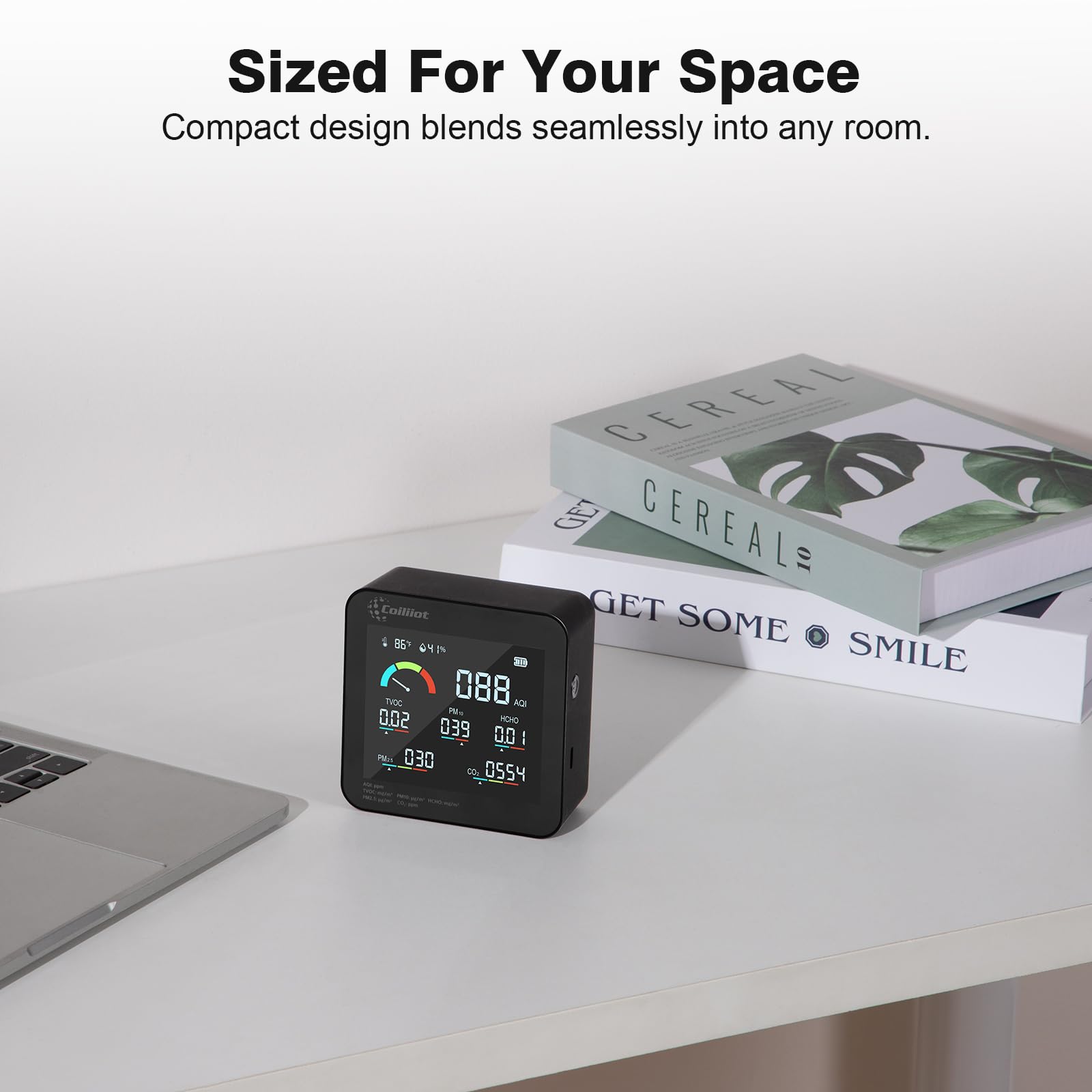Luftqualitätsmonitor für den Innenbereich, CO2 HCHO TVOC PM2.5/PM10 Detektor mit Temperatur & Luftfeuchtigkeitsmesser, Echtzeit-AQI-Tester für Home Office (Schwarz)