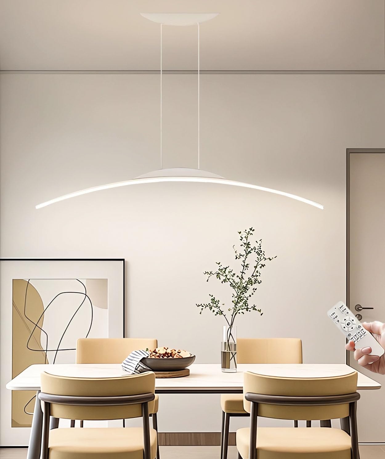 JINGKER LED Pendant Lights Modern Creative Chandelier Dining Table Curved Design Pendant lamp Height Adjustable Chandelier forBar Counter Study Dining Room (White, L100CM)