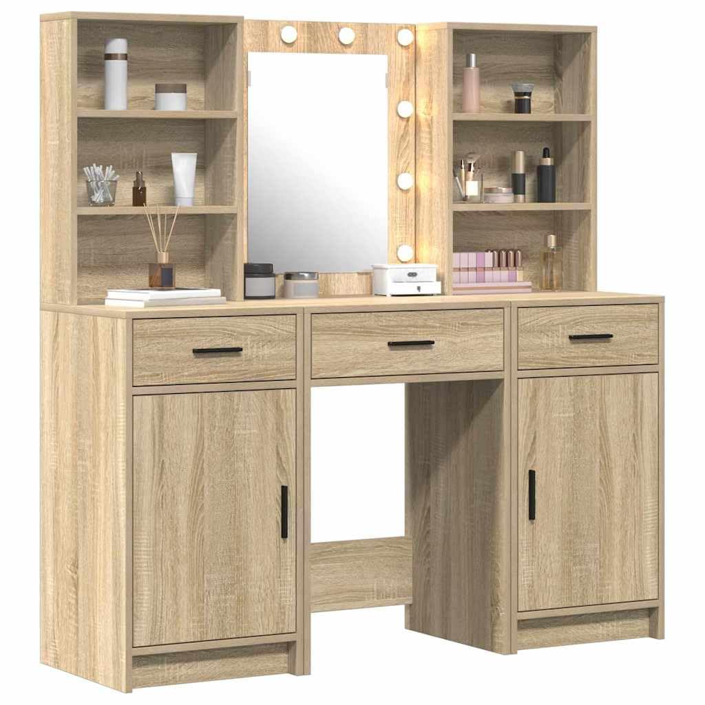 Schminktischset mit LED Beleuchtung 3-teilig Sonoma-Eiche Holzwerkstoff Make-up Tisch Spiegelkommode mit Stauraum für Schlafzimmer, Frisiertisch, Kosmetik, Organizer, modernes Design
