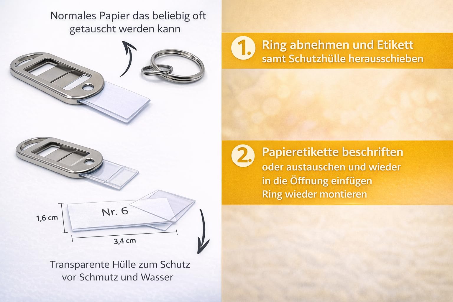 Schlüsselanhänger aus Metall mit Beschriftungsfeld – beschriftbar & wiederverwendbar, Schlüsselschilder / Schlüsselmarkierer mit Etikett & Schutzfolie, für Schlüsselbund, Koffer, Büro - Silber