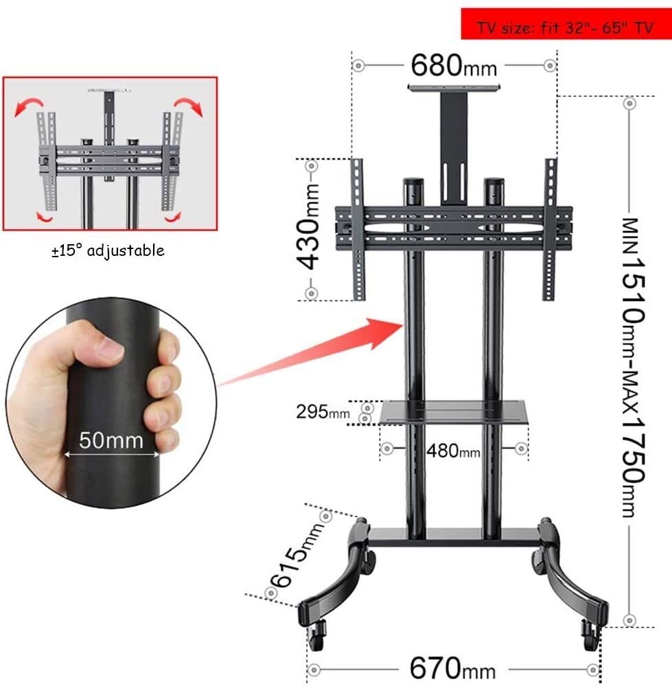 Support TV Mobile, avec roulettes et Rangement, Chariot TV pivotant et réglable pour Chambre à Coucher, salles de Classe, Salon
