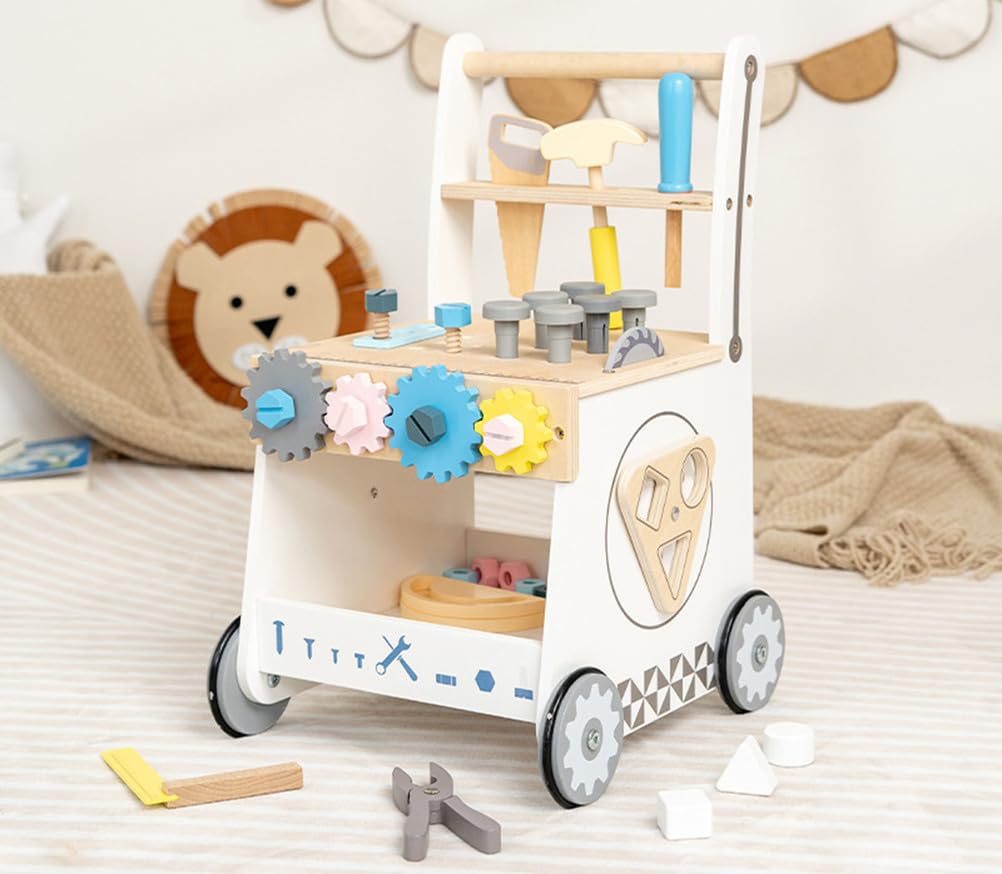 Holz-Lauflernwagen für Kleinkinder, Werkzeugbank-Spielzeug mit Schrauben und Muttern