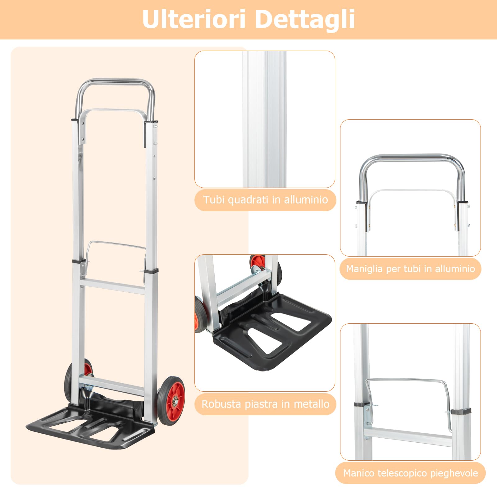 GYMAX Carrello Manuale in Alluminio, Carrello da Trasporto con Maniglia Regolabile in Altezza e Ruote, Carrello a Sacco Pieghevole per Magazzino, Garage e Giardino, Portata 100 kg, Argento + Nero