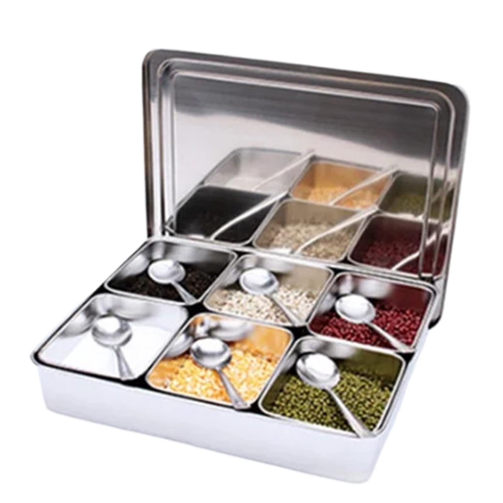 UBOHUZ Kitchen Food Storage Container Compartments Stainless Steel Seasoning Box Containers With Lid Rectangle Chef Tools for Kitchen Condiment(6grid 34x29.5xH7cm)