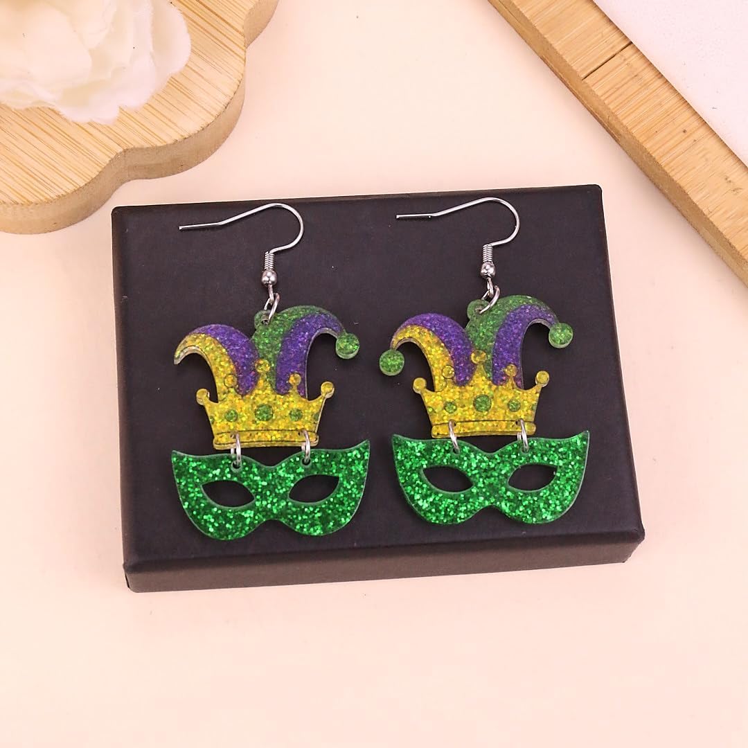 MardiGras Earrings for Women Acrylic Fleur De Lis Mask Crown Hat Dangle Earring Carnival Theme Party Colorful Tassel Earring MardiGras Jewelry Accessories - Image 6