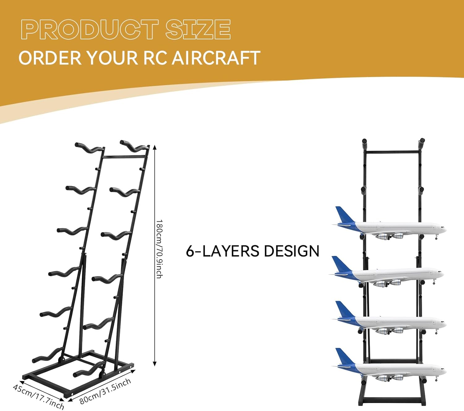 6 Tiers RC Airplanes Storage Rack Metal Model Aircraft Stand RC Plane Holder with 6 Shelves Multi-Function Display Stand for Large-Scale RC Model, 17.7*31.5*70.9in, Each Tier Loading Capacity 22.05lbs