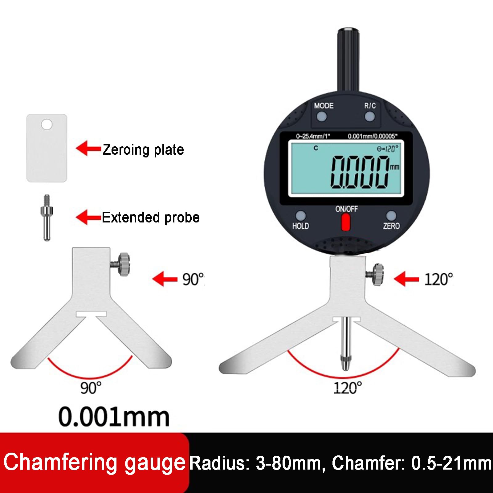 Misuratore digitale per smusso, righello elettronico dell'indicatore del raggio, ganascia di misurazione (angoli 90/120°), gamma di raggio: 3-80 mm, smusso: 0,5-21 mm, precisione: 0,001 mm