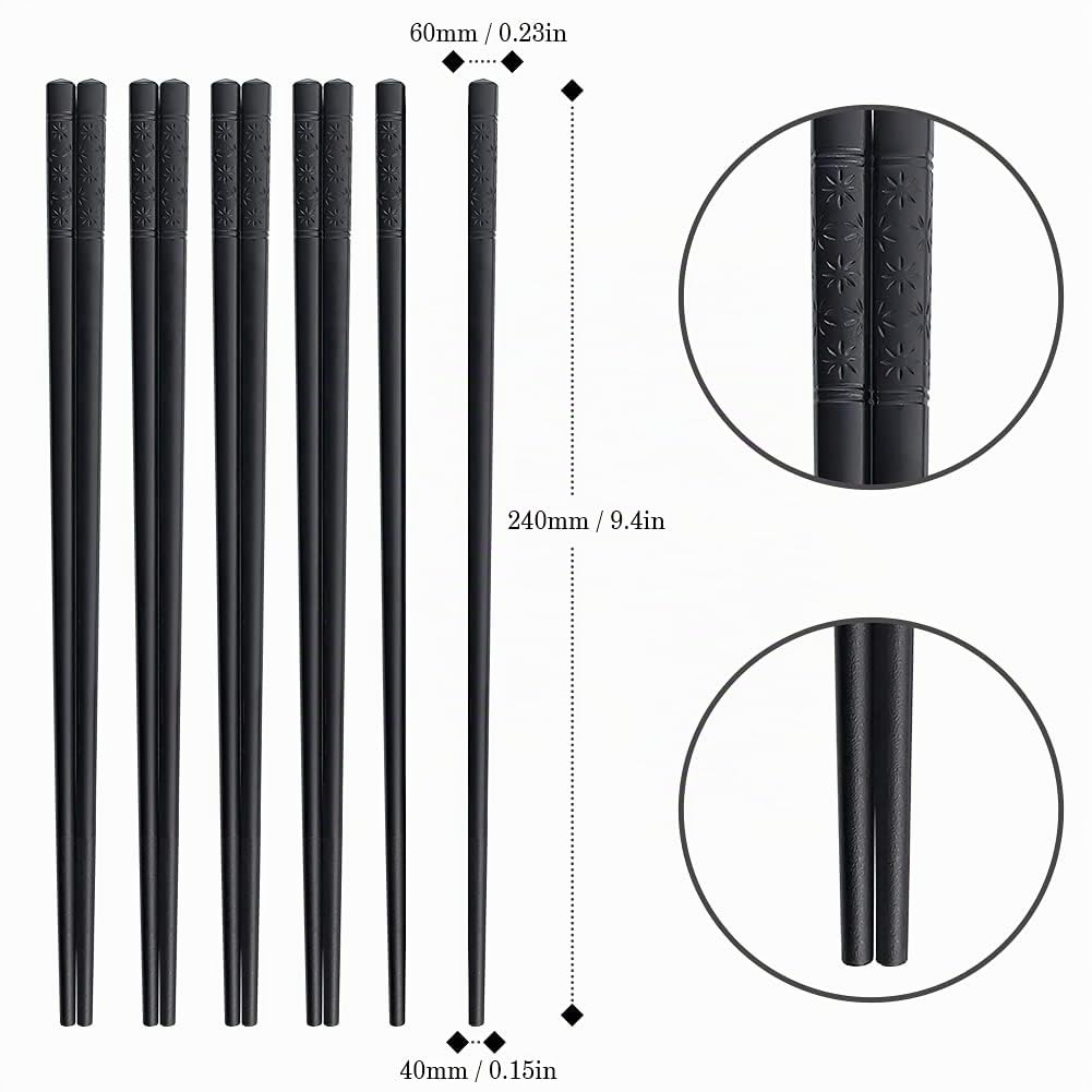 AOOSY - Varillas de fibra de vidrio (5 pares, lavables en lavavajillas, palillos japoneses de aleación reutilizables, palillos negros Sushi negro Varillas antideslizantes negras