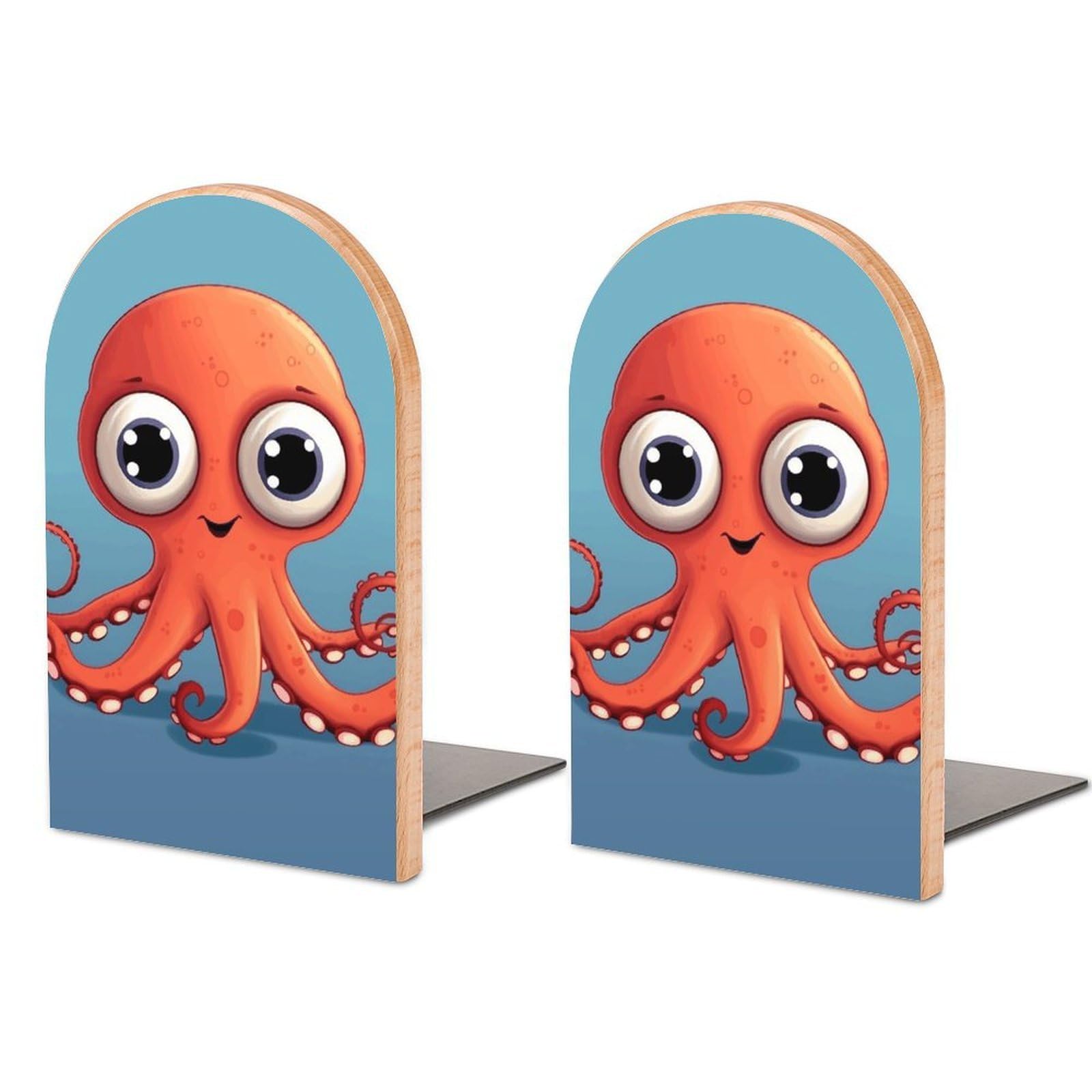 Big-Eyed Red Octopus Bookend Modern Bookends for Shelves Non-Skid Book Holder Heavy Duty Metal Book Storage for Books CDs Decorative Book Stopper for Home