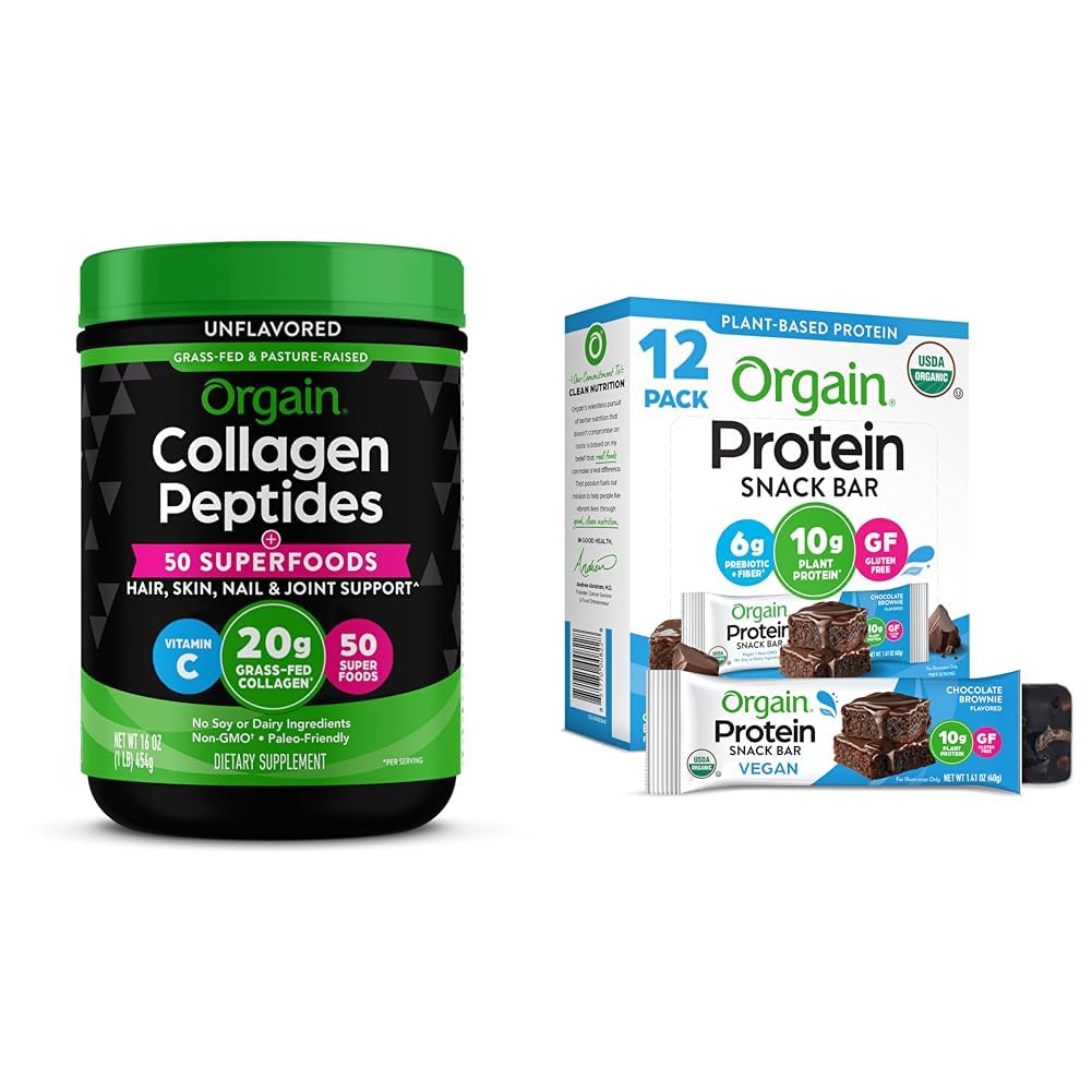 Orgain Hydrolyzed Collagen Powder + 50 Organic Superfoods 20g Grass Fed Collagen with Vitamin C, Unflavored Organic Vegan Protein Bars, Chocolate Brownie - 10g