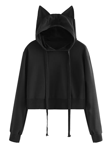 SweatyRocks Women's Long Sleeve Hoodie Crop Top Cat Print Sweatshirt - Small - Black#2